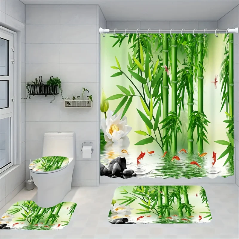 

Водостойкий бамбуковый комплект занавесок для душа с нескользящими ковриками для ванной, крышкой для унитаза, ковриками для ванной комнаты и 12 пластиковыми крючками - Machi