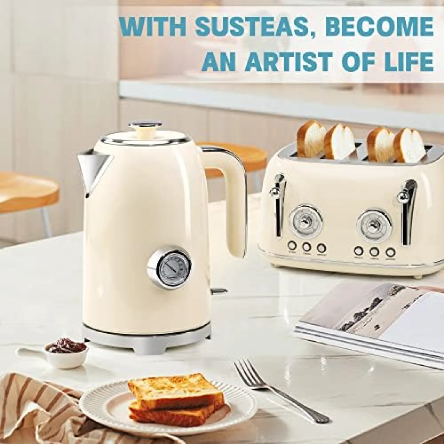 Чайник для горячего чая SUSTEAS, 57 унций с термометром, бойлер из нержавеющей стали мощностью 1500 Вт — быстрый нагрев, беспроводной светодиодный индикатор, автоматическое отключение