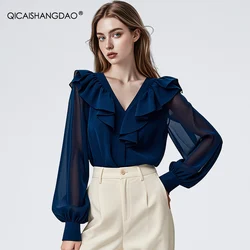 Fashion Lantern Sleeve Women Blue Satin Blouse 2024 Autumn New V-Neck Ruffles Tops Loose-fitting Plus Size Casual Party Shirts