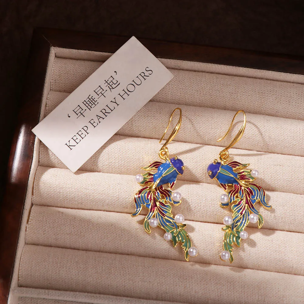 Vintage Style Koi Fish-shaped Earrings Unique Design Colored Fish Imitation Pearl Earrings Ethnic Style Special Design