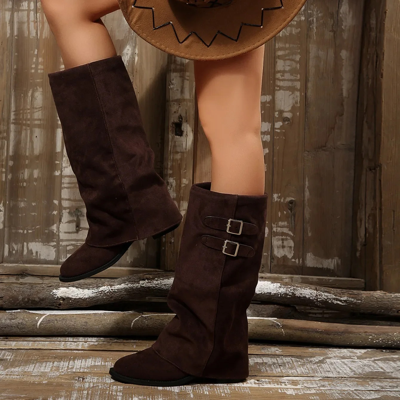 Frühling Herbst Neue Retro Runde Zehe Damen Kniehohe Stiefel 2026 Mode Schnallendekor Einfache Lässige Tägliche Outdoor Damenschuhe – Detail 14
