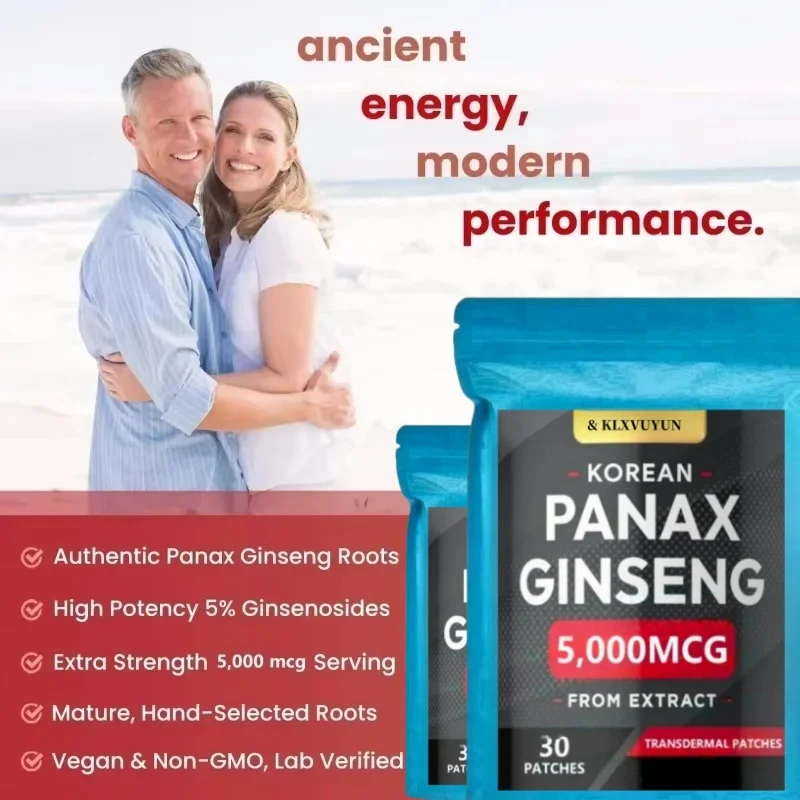 Ginseng Panax Vermelho Coreano Masculino e Feminino com Ginkgo Biloba - 30 peças de patches transdermicos produzidos nos Estados Unidos