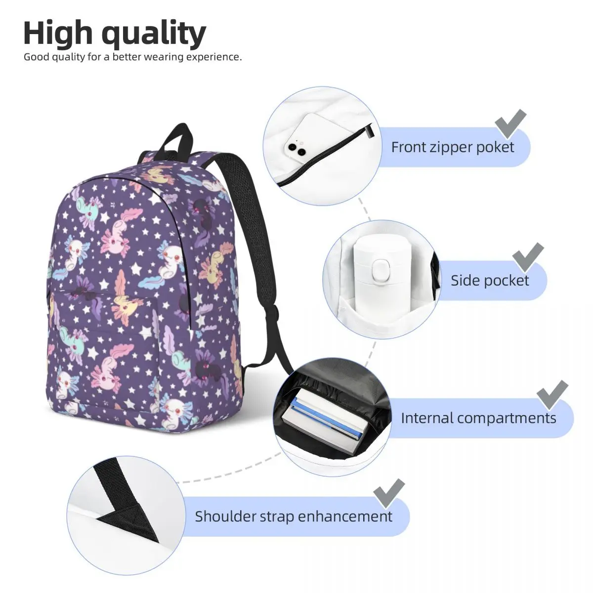 Kawaii Axolotl Backpack Lilac Unisex Polyester Travel Backpacks Print Streetwear High School Bags Rucksack Christmas Gift