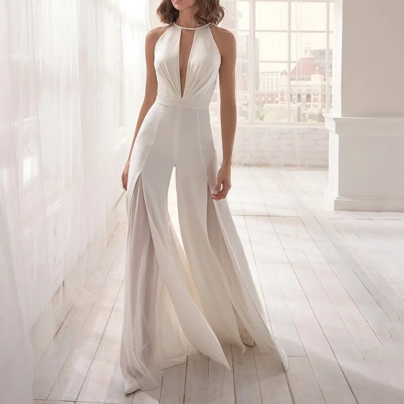 

Simple Ivory Long Pants Wedding Dress Sexy Sleeveless O-Neck Open Back with Zipper Pleated Lace Bridal Gown Cut-out Customized