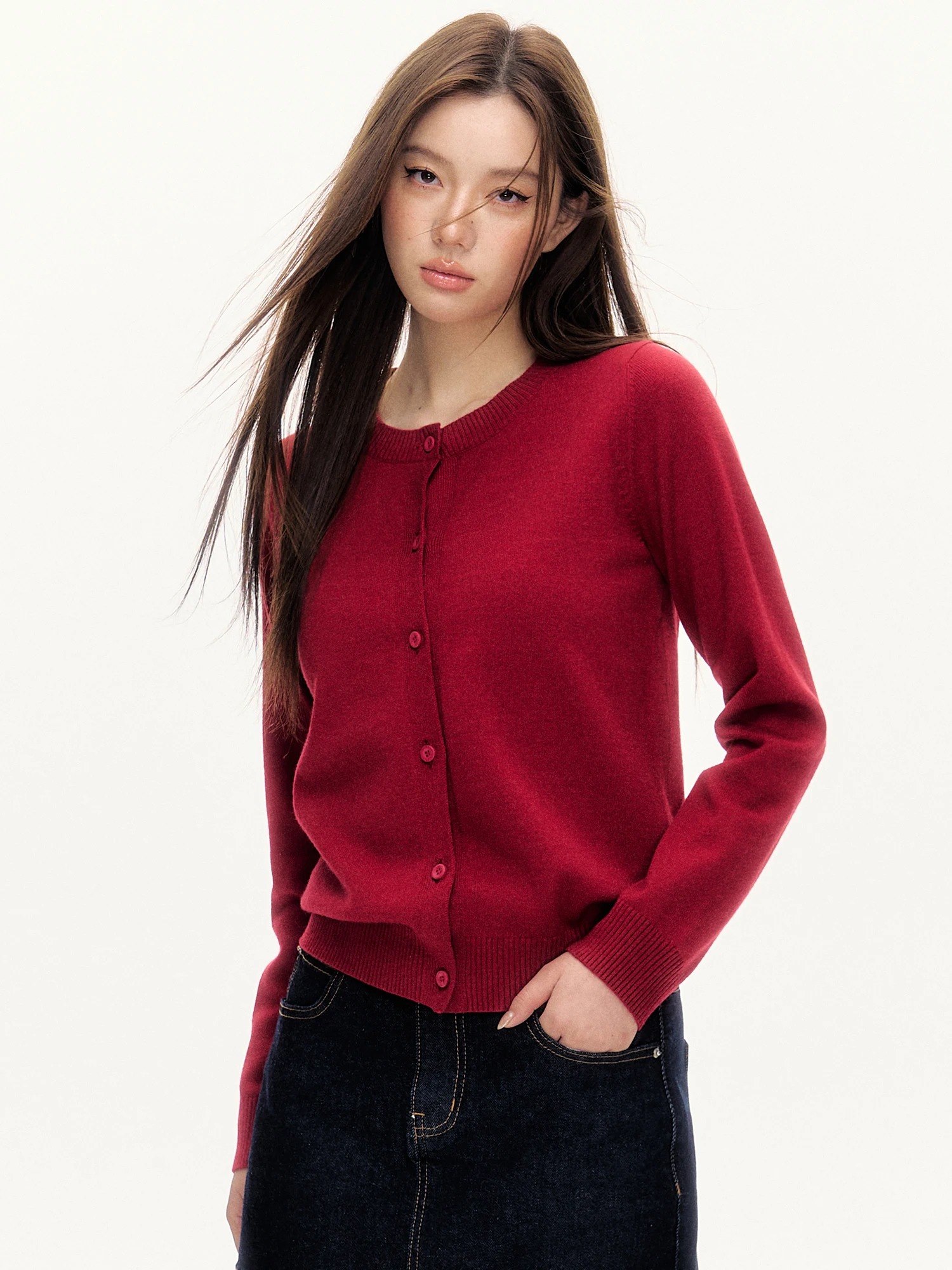 Red Knitted Open Cardigan Sweater Women's Loose Outerwear Spring 2025 American Retro Sle 0PASSION Commute Faion