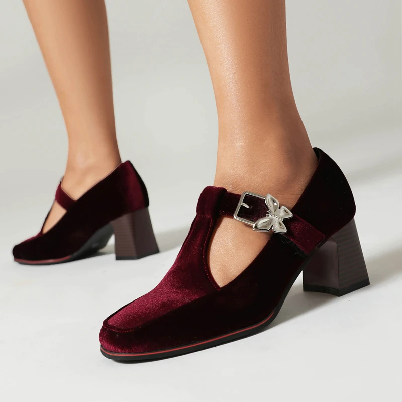 Black Burgundy Green Vintage Pleuche Velvet Mary Jane Shoes Women Square Toe Buckle Strap T-tied High Heels Pumps Woman Big Size