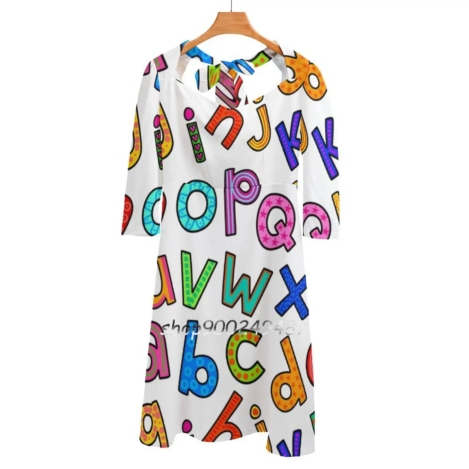 Doodle Alphabet Letters Flare Dress Square Neck Dress Elegant Female Fashion Printed Dress Alphabet Letters Lettering Text Font