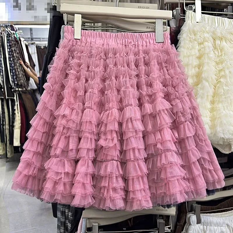 

Streetwear Ruffles Mini Skirts Women Sweet Kawaii High Waist Lace A Line Skirt Summer Korean Fashion Black Ball Gown Skirts