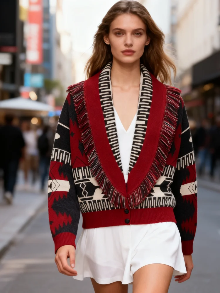 Cardigan court à franges imprimé pour femme, haut uni, manches longues, boutonné, pull ample, Chic, décontracté, tricot de rue, automne