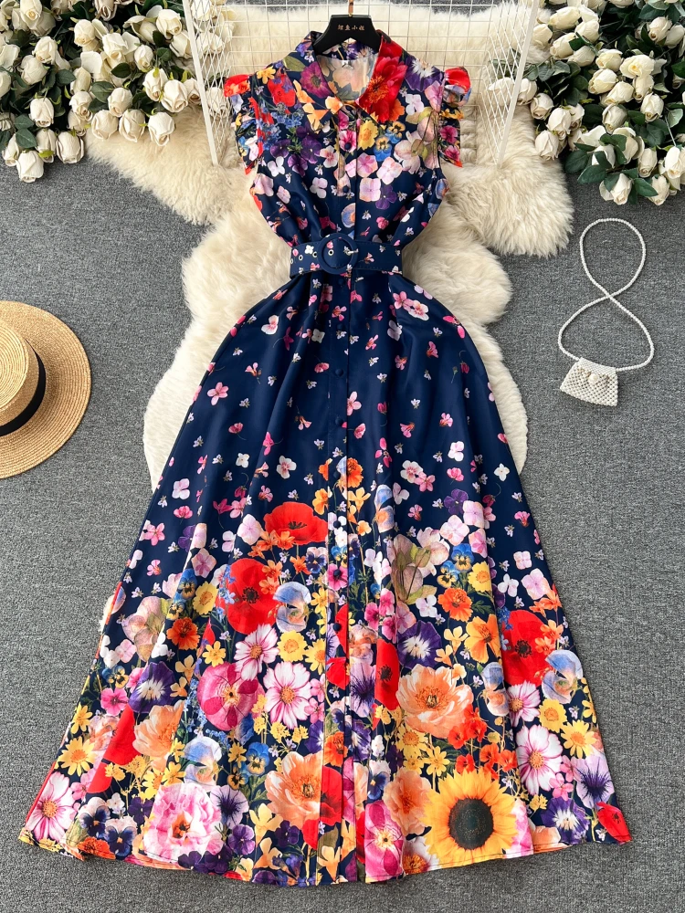 Vestido camisero Retro de verano para mujer, Vestidos largos sin mangas con estampado Floral, Vestidos largos Vintage ajustados de corte a para fiesta