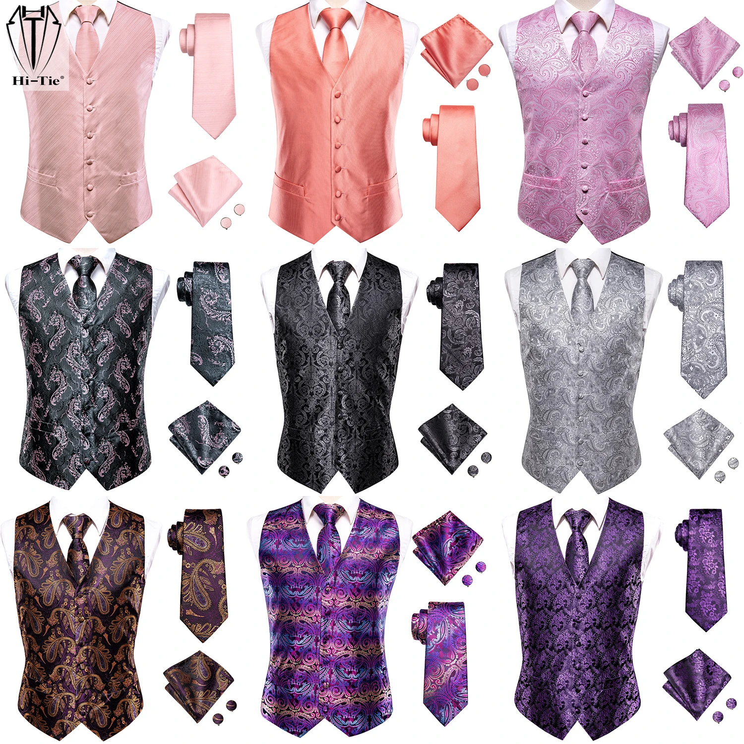 Hi-Tie Brand Mens Vests Grey Black Gold Navy Blue Red Burgundy Jacquard Waistcoat Jacket NeckTie Hanky Cufflinks for Men