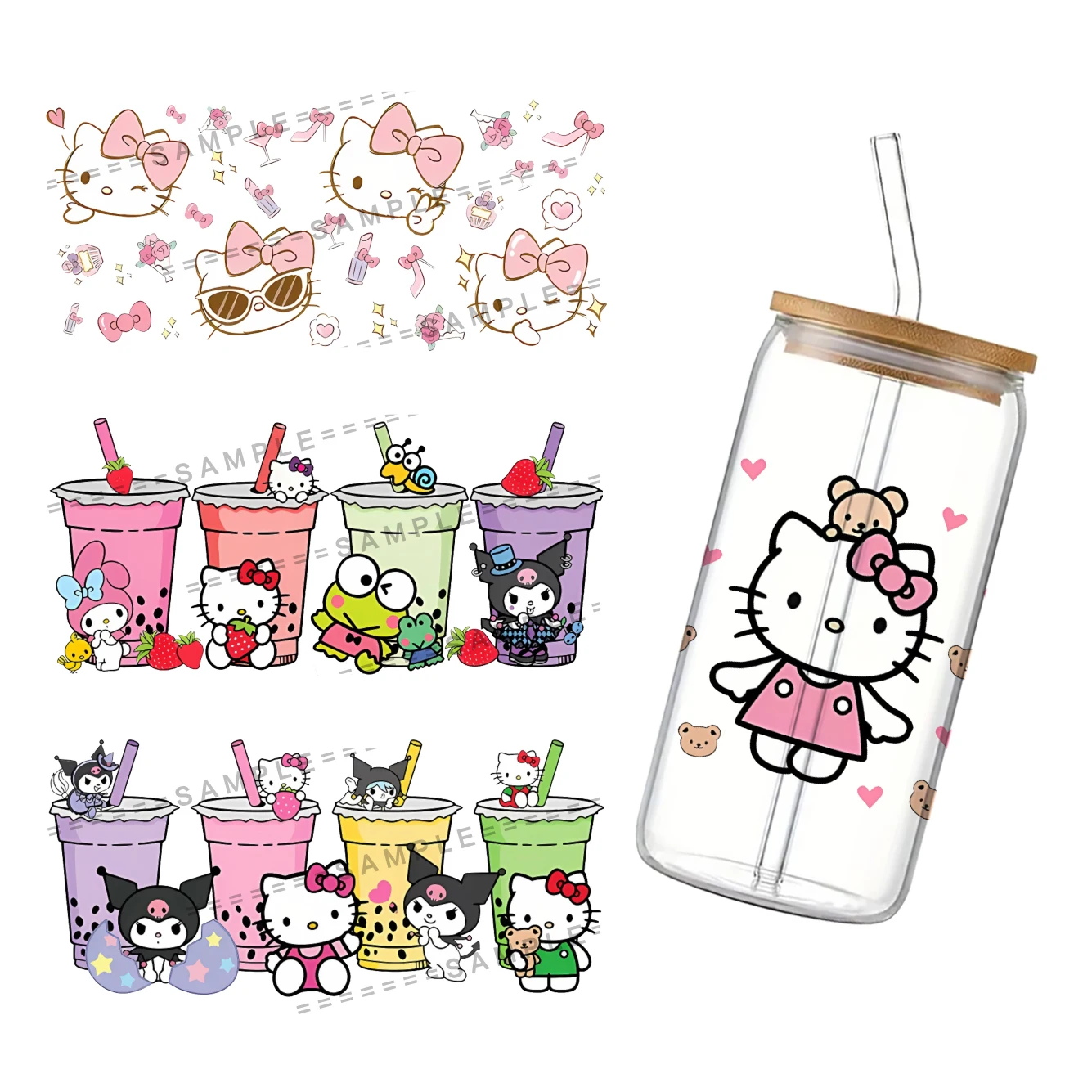 2024 New Sanrio Theme For Libbey 16oz Can Glass 3D Waterproof UV DTF Coffee Can Wrap Libbey Glass Wrap