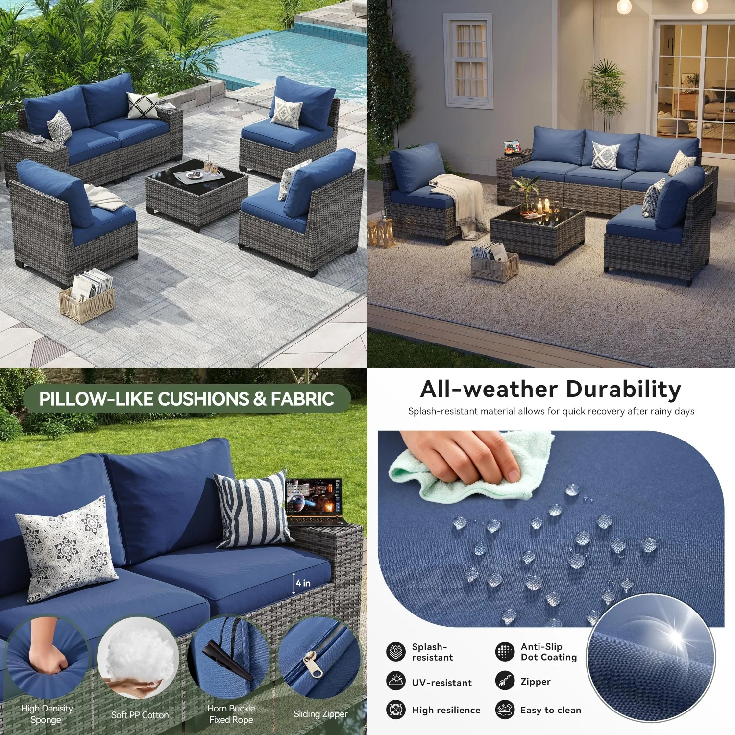 

6-Piece Patio Sectional Sofa Wicker Cushions Wide Arms Coffee Table Backyard Garden Customized