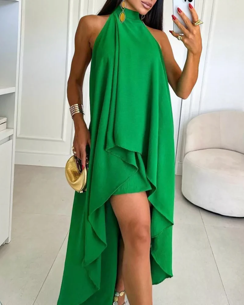 Women Summer Halter Backless Tied Detail Asymmetrical Party Dress