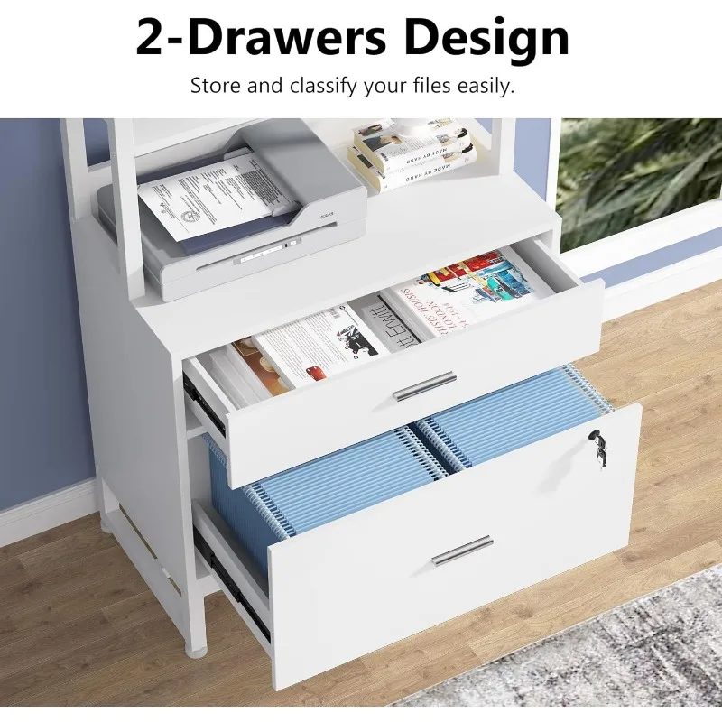 2 drawer vertical file cabinet with lock and bookshelf, letter size large modern file cabinet printer stand, open storage rack