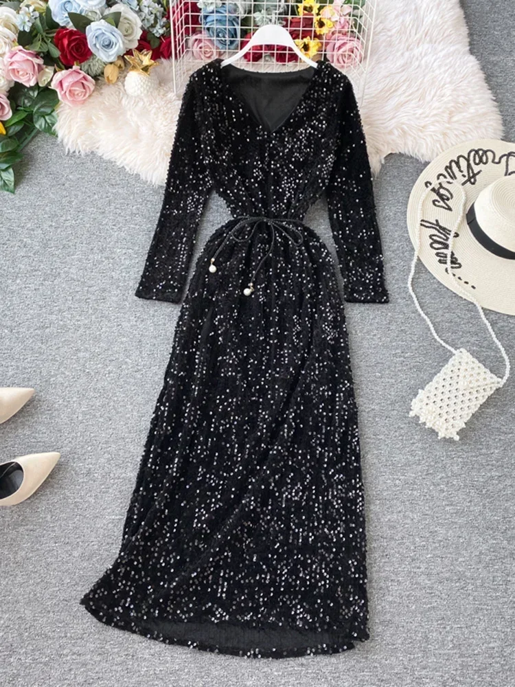 Women\'s Long-sleeved Party Dress New Sequin Temperament Banquet Host Elegant V-neck Waist Lacing Sexy Dress ML454