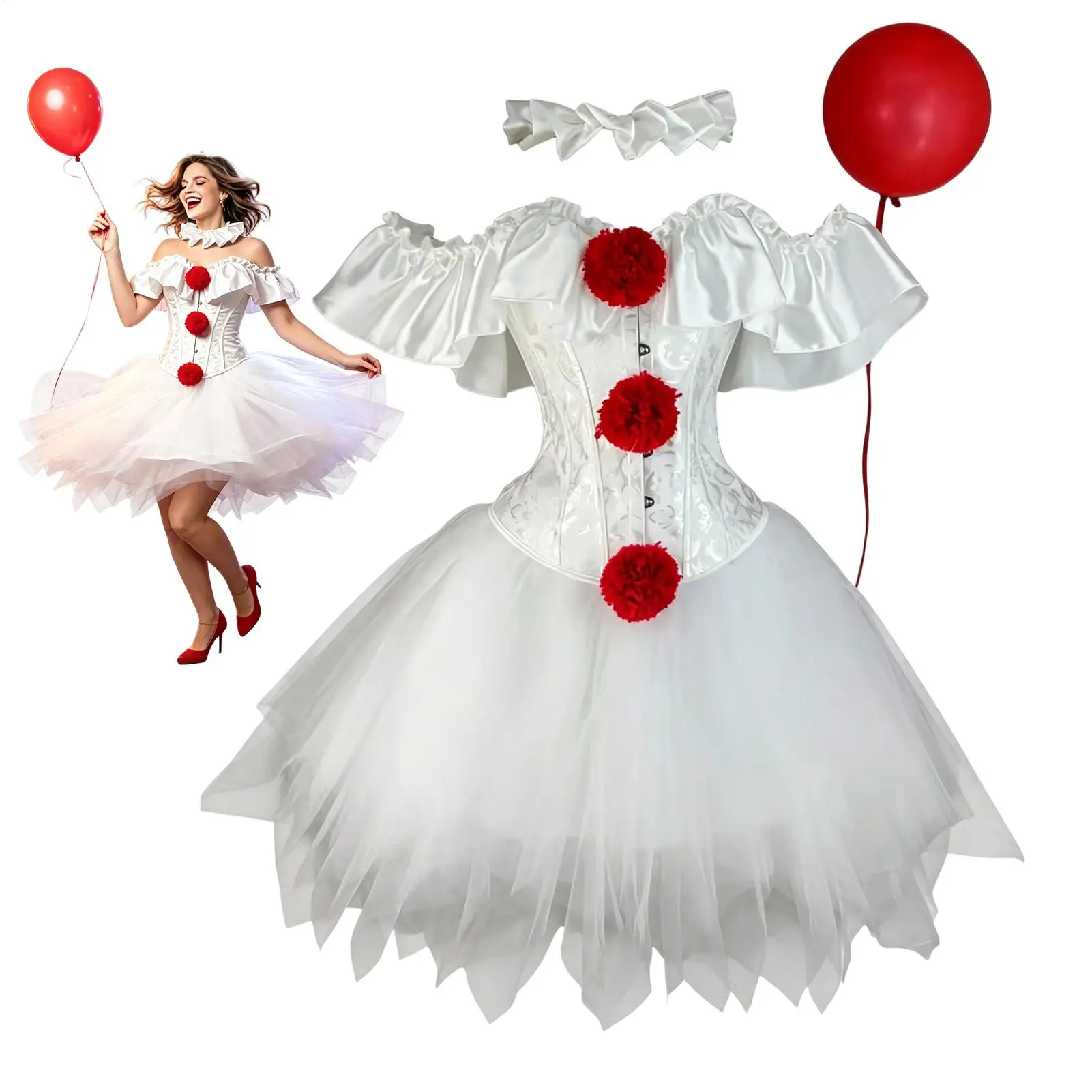Kids Horror Circus Clown Fancy Dress Puffy Decor Tutu Gown Blood-Print Socks Halloween Masquerade Cosplay Costume Set