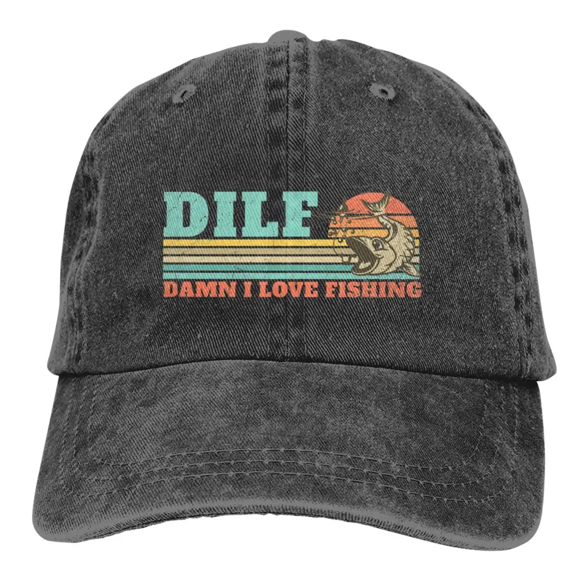 Vintage DILF Damn I Love Fishing Funny Fishing Gift Baseball Cap Unisex Style Distressed Denim Washed Snapback Cap Retro Hat