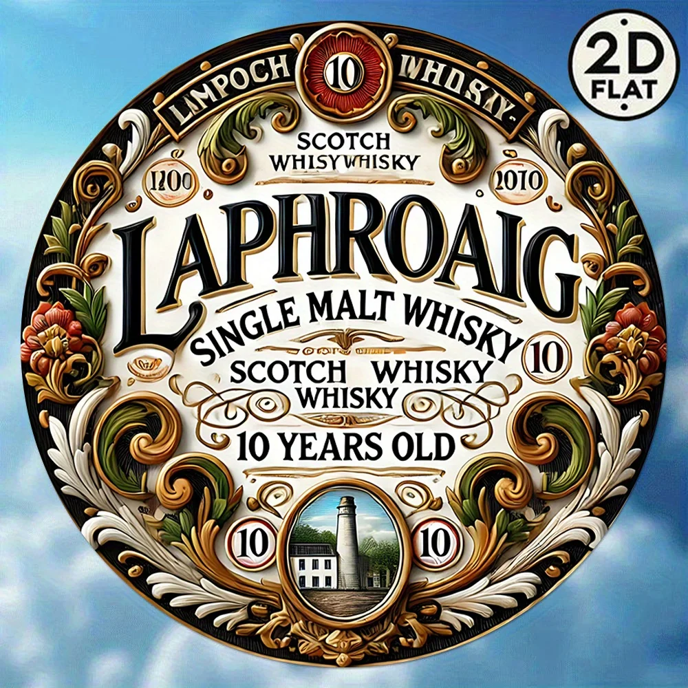 1PC Placa de Metal Redonda Vintage 2D Plana 20cm com Tema Laphroaig Single Malt Scotch Whisky para Decoração de Parede de Bar, Casa e Escritório