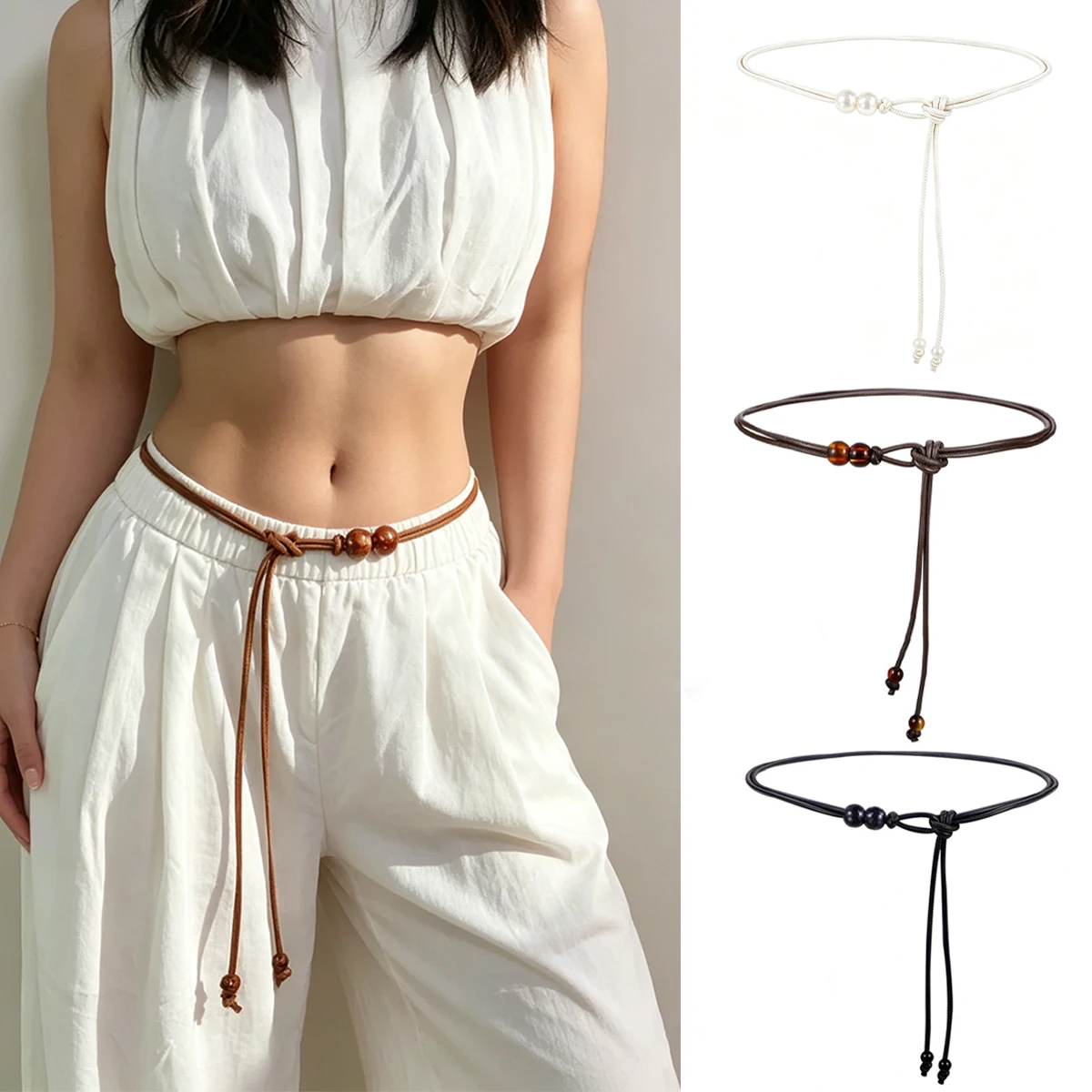1pc Women's Adjustable Slim Belt with Brown Bead Accents Waist Cincher for Dresses Shirts Jackets Day-to-Night Style Enhancer