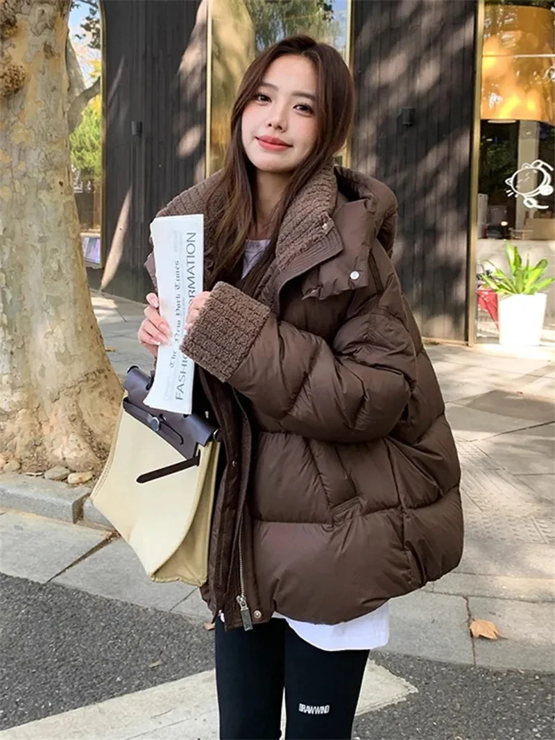 Coffee Colored Down Cotton Jacket For Women In Winter 2024 New Loose Lambhair Collar Cotton Jacket With Thick Coat