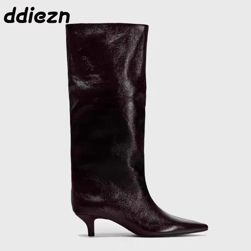 Modern Fashion Pointed Toe Women Knee High Boots With Low Heel Shoes Female Slip On Footwear Ladies Long Western Booties Shoes