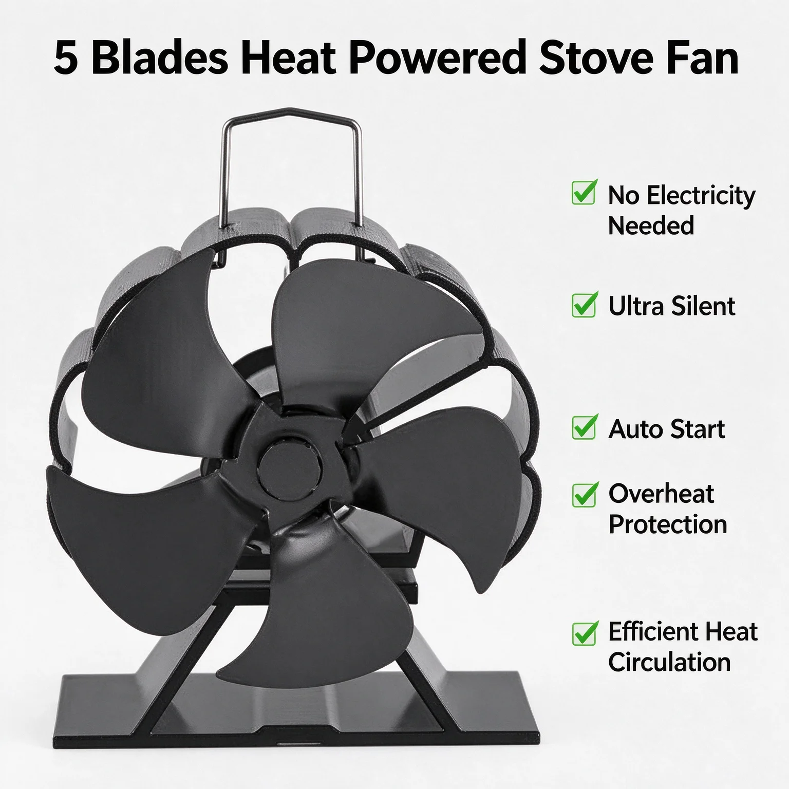 5 Blades Heat Powered Stove Fan Silent Eco Fireplace Fan for Wood Burning Warm Air Circulation for Winter Heating