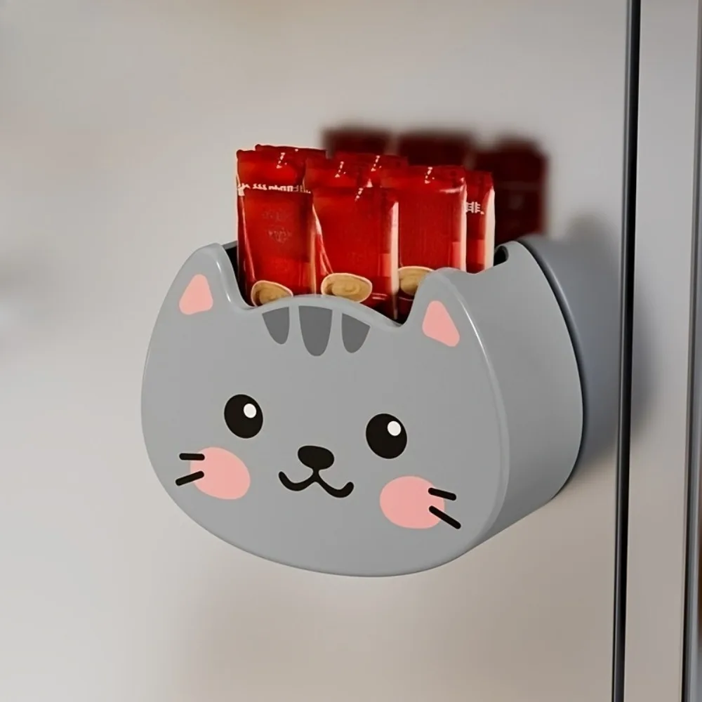 Cute Cat Magnetic Storage Box Refrigerator Organizer Wall Mounted No-Drill Holdet Kitchen Snacks Utensils Small Items Home Decor