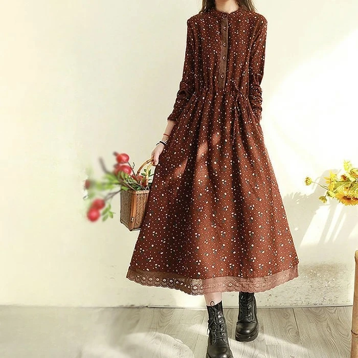 

Autumn and Winter New Retro Floral Dress Lace Edge Long Loose Mori Waist Dress
