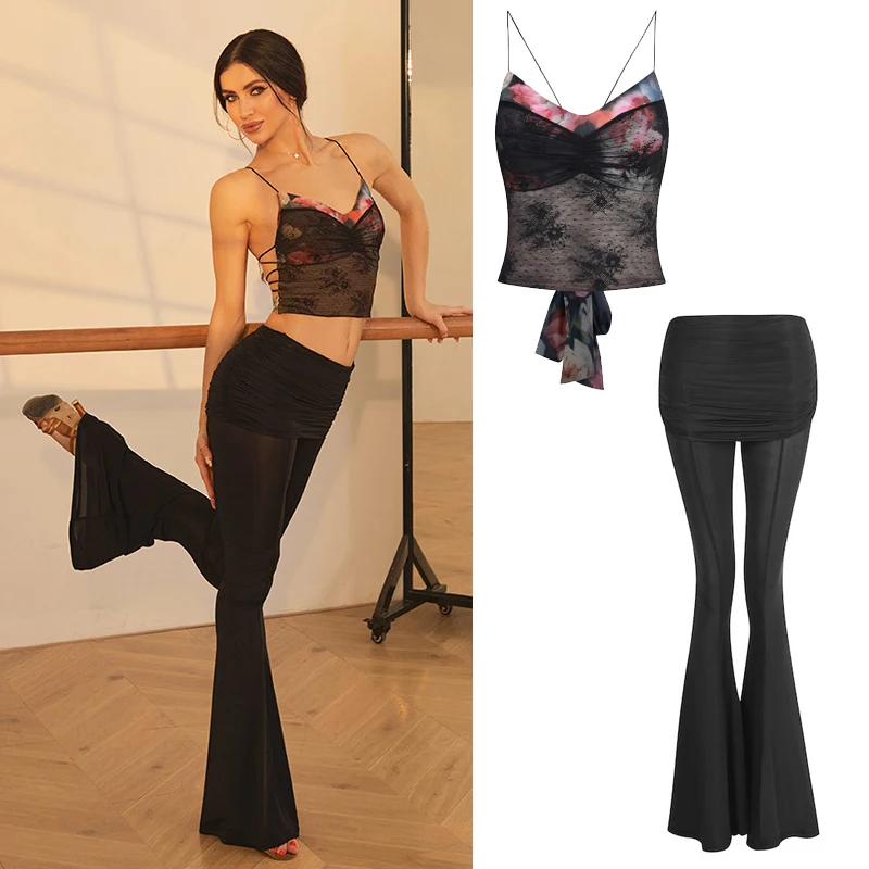 

Summer Women's Latin Dance Clothes Backless Lace Tops Black Mesh Latin Pants Cha Cha Rumba Performance Practice Wear DNV26590