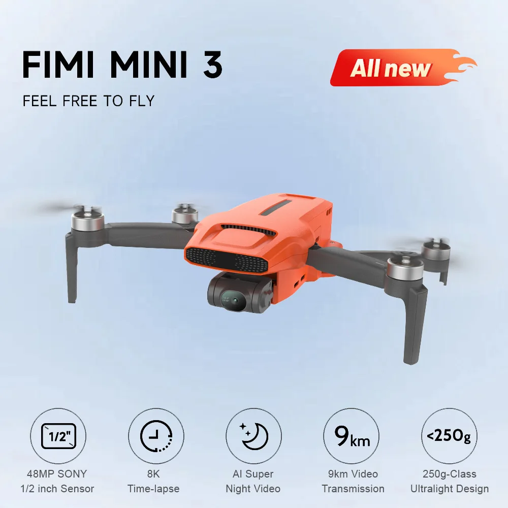 FIMI MINI 3 Drone 4K 60fps AI Super Night Video 9km Range 3-Axis Gimbal 249g Ultralight Design tracking Mini Pro Drone