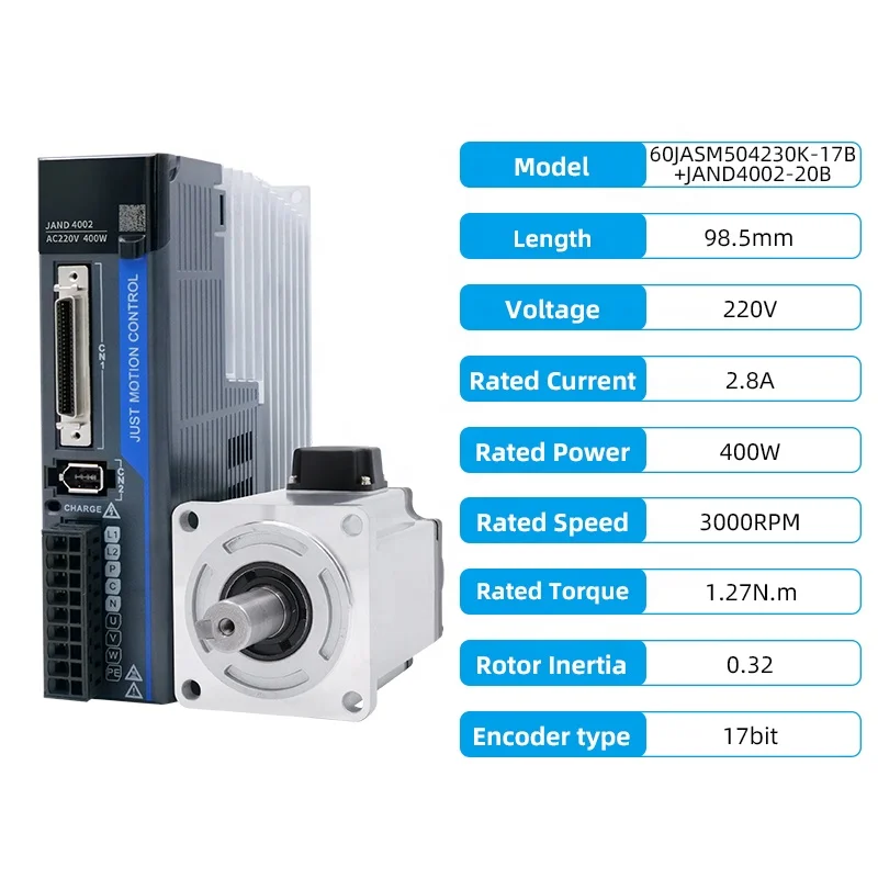 

60JASM504230K-17B+JAND4002-20B 220V 1.27N.m 3000rpm AC Servo Motor and Drive 400W for CNC Router