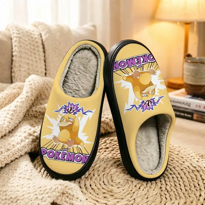 Pokemon Meowth Winter Fuzzy Slippers Warm Plush Fleece Lining Non-Slip Soft Sole Cartoon Print Indoor Home House Shoes for Gift