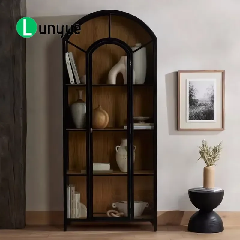 American Solid Wood Modern Glass Door Display Cabinet Custom Black Arched Wine Storage Cabinet for Living Room Dining Room