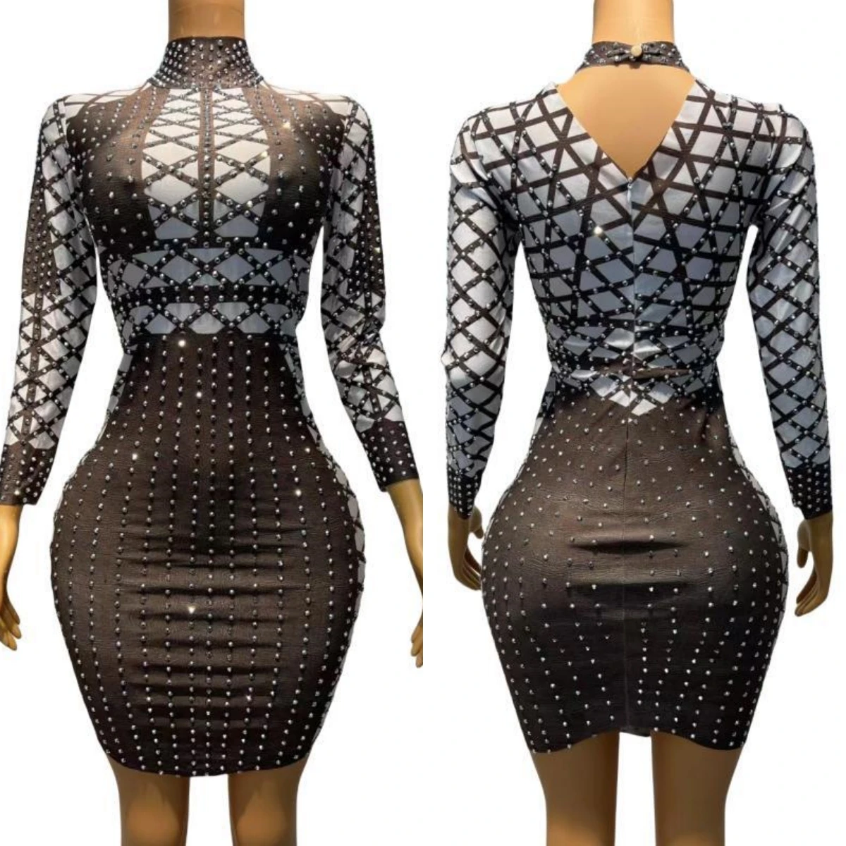 

Sexy Women Sparkly Rhinestone Tight Fitting Short Dress Spandex Elastic Long Sleeved Black Mini Dress Event Prom Outfit Diandian
