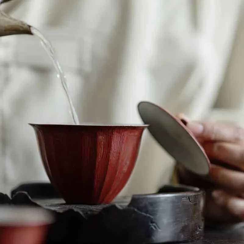 1PC Quaint Langhong Handmade Coarse Pottery Covered Bowl Kung Fu TeaSet Chu Jin Thin Tire Anti-scalding Tea Bowl Literati TeaSet 6