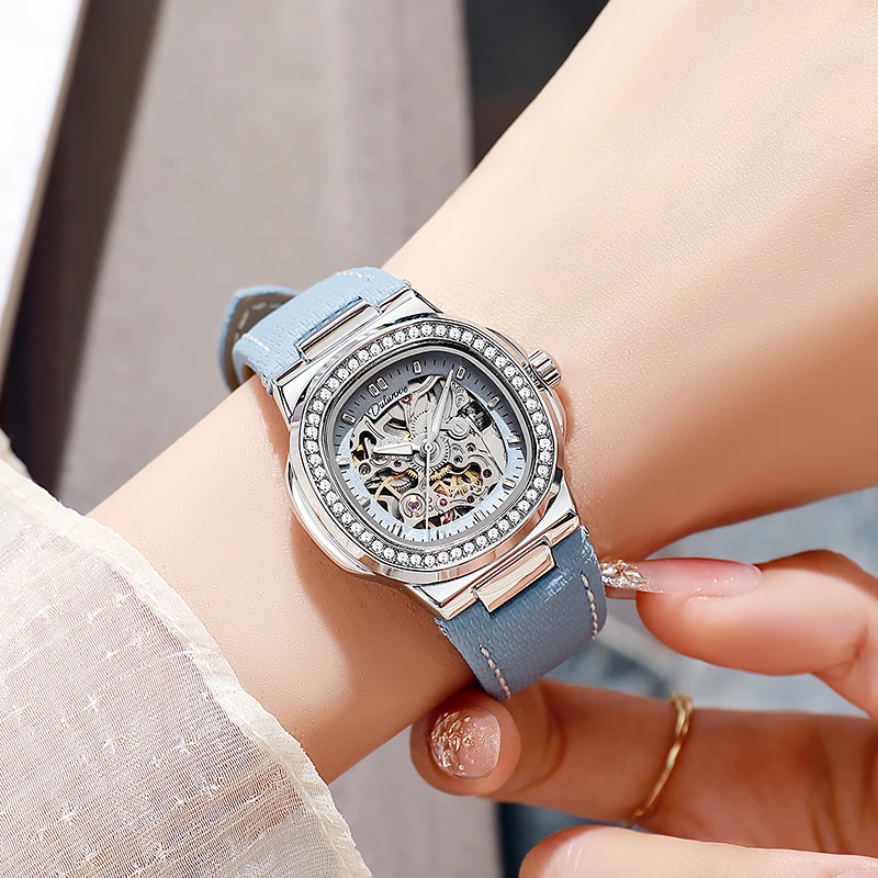 Dulunwe Luxury Square Skeleton Ladies Watch,  Rhinestone Bezel Rose Gold Case  Female Dress Watch Gift