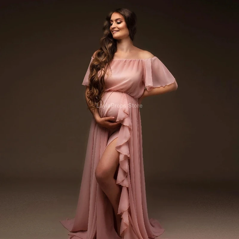 Maternity Photography Dress with Shoulder Ruffle Sleeve Chiffon Fabric -Bohemian Baby Shower Photo Shooting Pregnancy Dresses