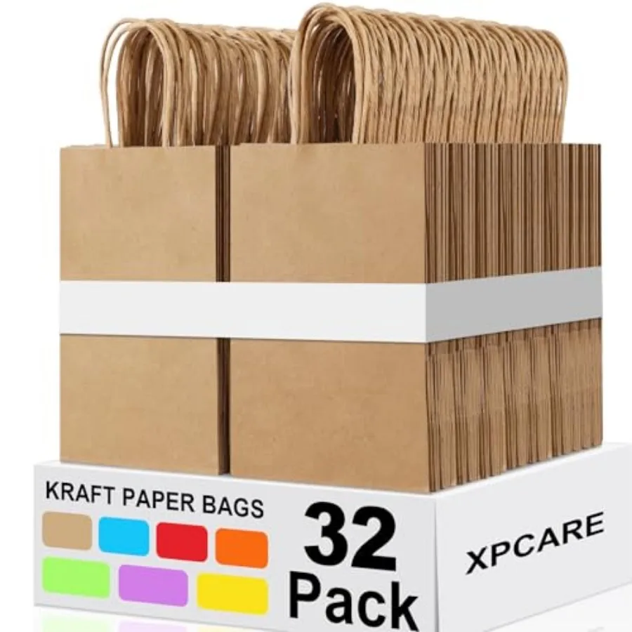 32Pcs Paper Gift Bags 5.25x3.25x8.25'', Small Paper Bags with Handles Bulk, Shopping Bags, Kraft Bags, Retail Bags, Party Bags