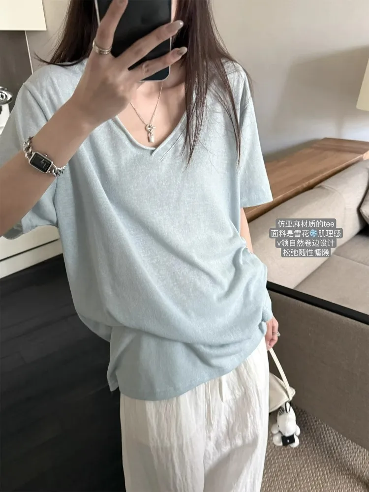 Slimming Effect Short Sleeve T-Shirt Women's V-Neck Loose Fit Casual Style Korean Fashion Breathable Summer Top