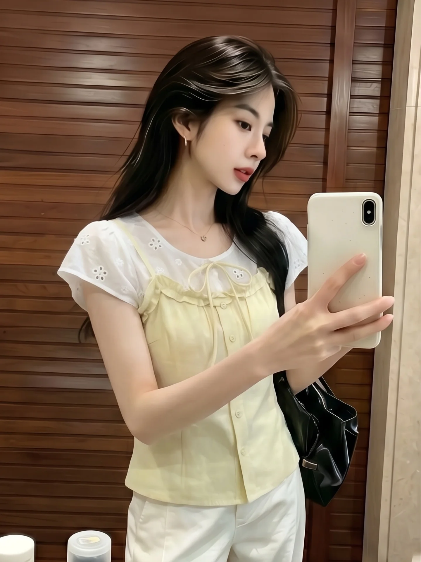 

Yellow Embroidered Short Sleeve Shirt Women's Summer New Style Fake Two-Piece Doll Shirt Wood Grain Design Versatile Style