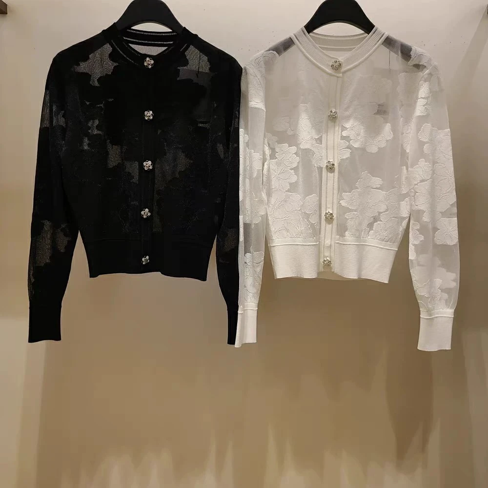 Korean OBZ25 Spring Faion Ele Floral Knit Long Sve round Ne Open Cardigan Women's Loose Fit Commute Sle Knitted ...