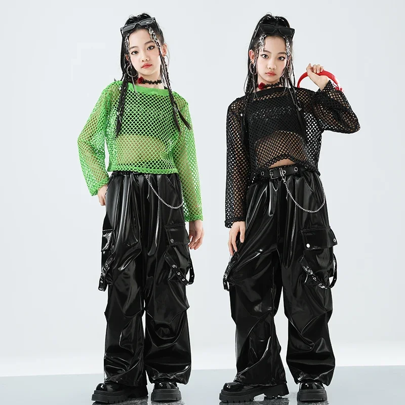 소녀 k-pop 메쉬 운동복 스트리트 댄스 카고 바지 십대 힙합 streetwear 어린이 어린이 재즈 반짝 이는 의상 의류 세트