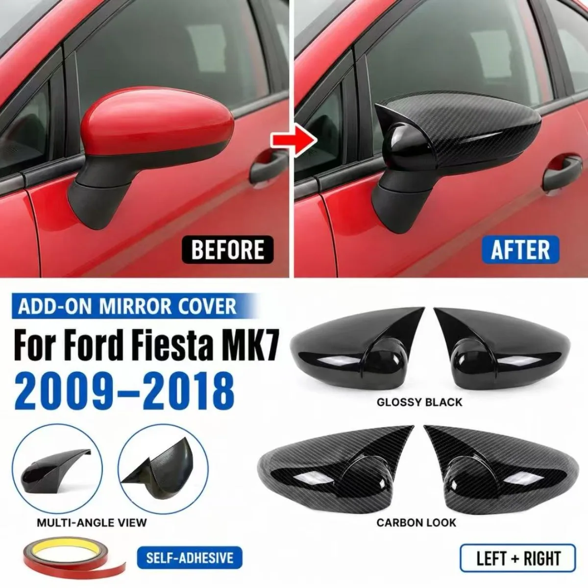 2x Add-on Car Rearview Cover For Ford MK7 For Fiesta Mk7 2008-2017 Sticker Mirror Case Trim Without Side Mirror Indicator Light