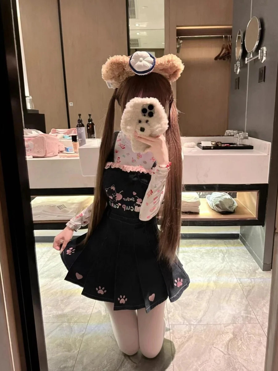 

Japanese College Style Long Sleeve Lace Splicing round Neck Print Shirt Denim Waist Cinching Overalls Dress Two Piece Set Women