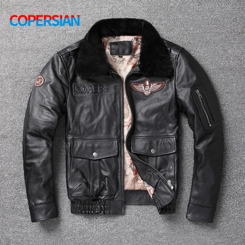 

Men's Vintage First Layer Cowhide Air Force Bomber Jacket Detachable Fur Collar Plus Cotton Size Leather Coat