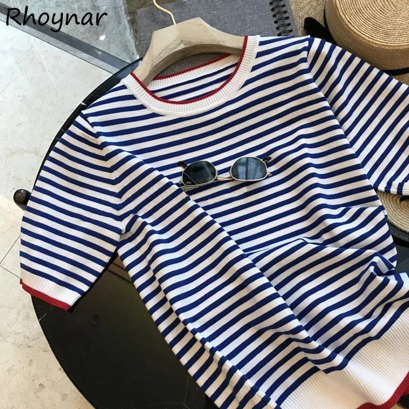 Striped Short Sleeve T-shirts Women Summer Panelled O-neck Baggy Basic Simple All-match Leisure Daily Korean Style Fashion Cozy