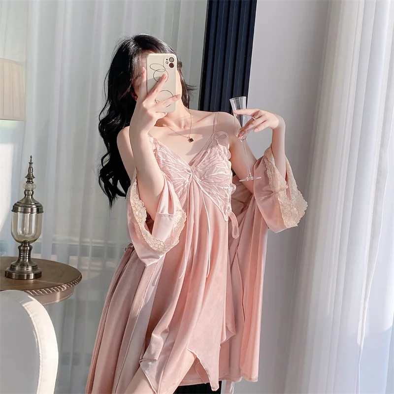 Slimmer Pajamas Bra Pad Women V-neck Butterfly Canary Velvet Spring  Autumn Suspender Two Sets of Nightdress Robe