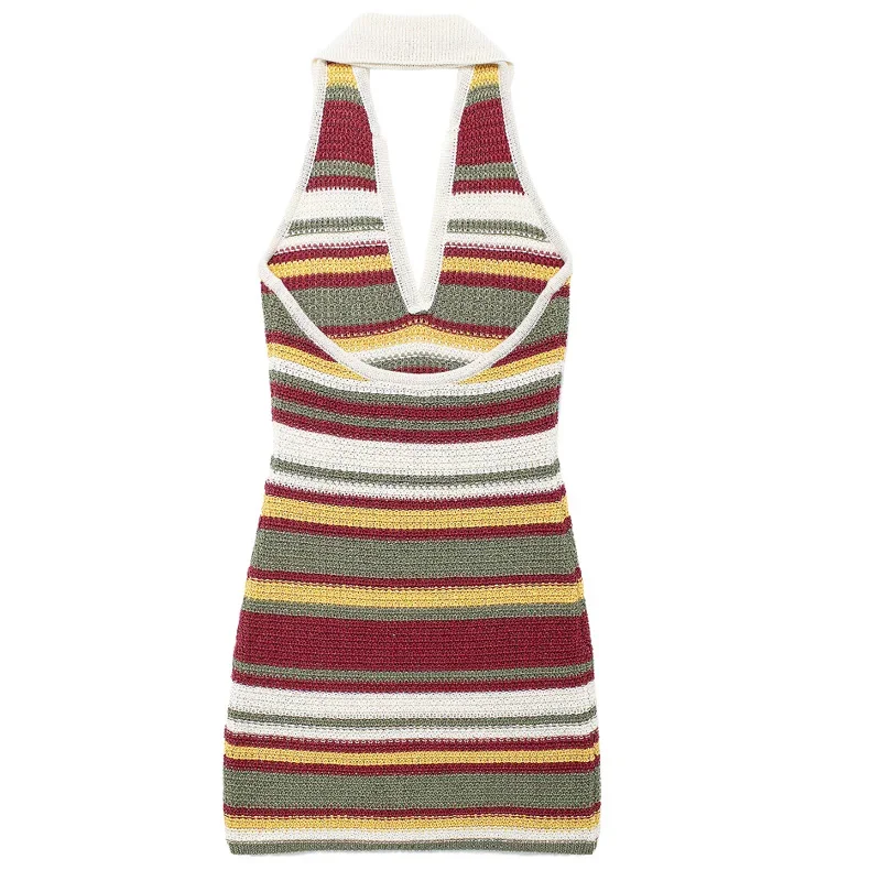 TRAF Off Shoulder Female Dress Stripe Knitted Dresses Halter Neck Mini Dress Woman Backless Slim Sweater Short Dresses For Women