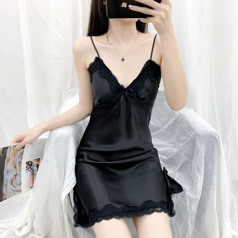 Sexy Nightwear Women Lace Halter Sleepwear Strapless Beauty Back Solid Colour Nightgown Ladies Silk Sleeping Pajamas Home Dress